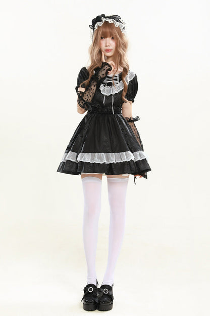 Lapel Collar Jacquard Ruffled Lace Gothic Dress