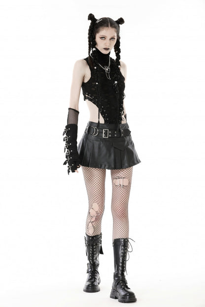 Pleated Punk Mini Skirt with Metal Belt Buckle in Black Faux Leather