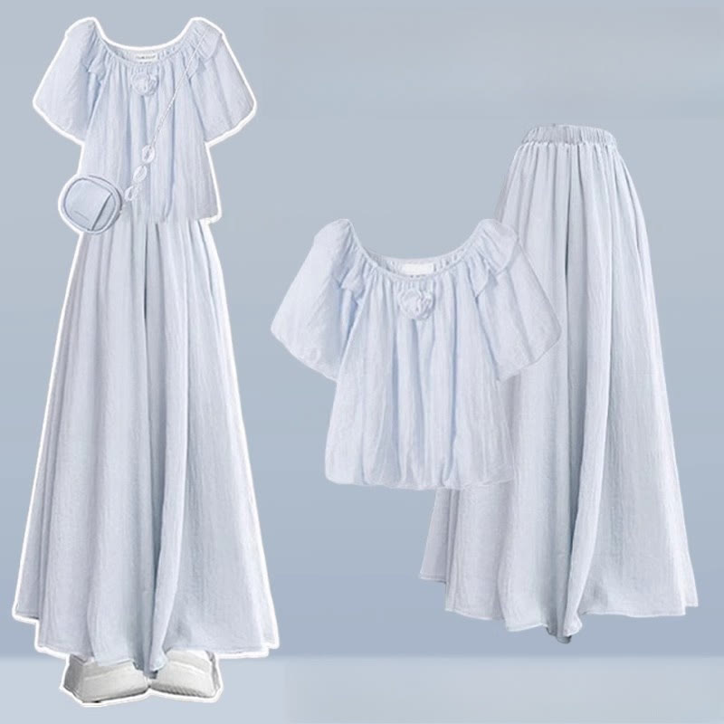 Pieces 3D Leg Set Flower Two Wide Pantskirt Blouse