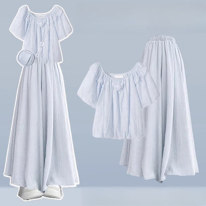 Pieces 3D Leg Set Flower Two Wide Pantskirt Blouse