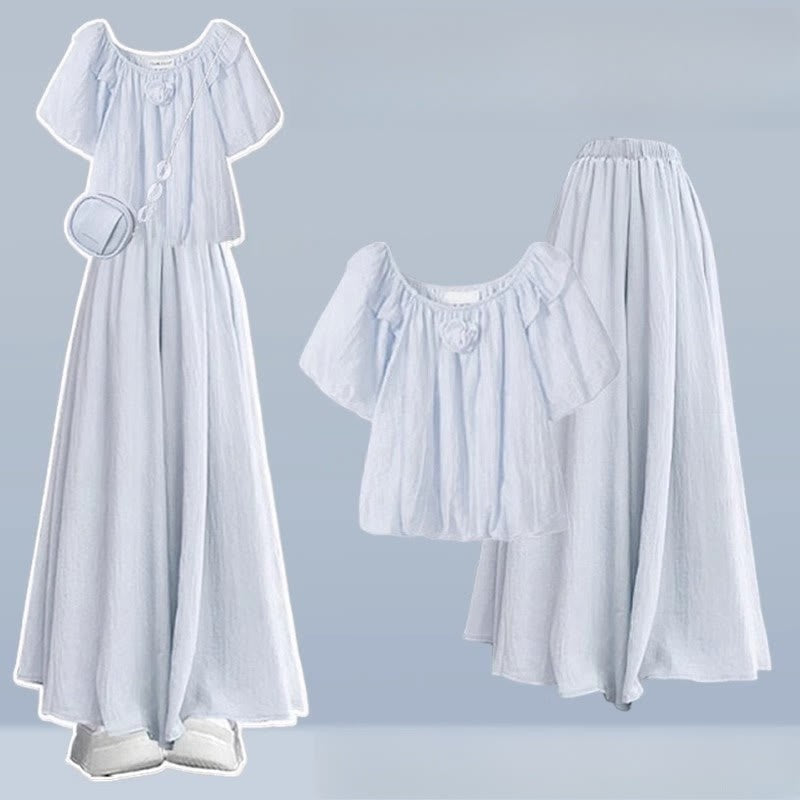 Pieces 3D Leg Set Flower Two Wide Pantskirt Blouse