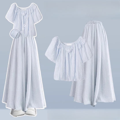 Pieces 3D Leg Set Flower Two Wide Pantskirt Blouse