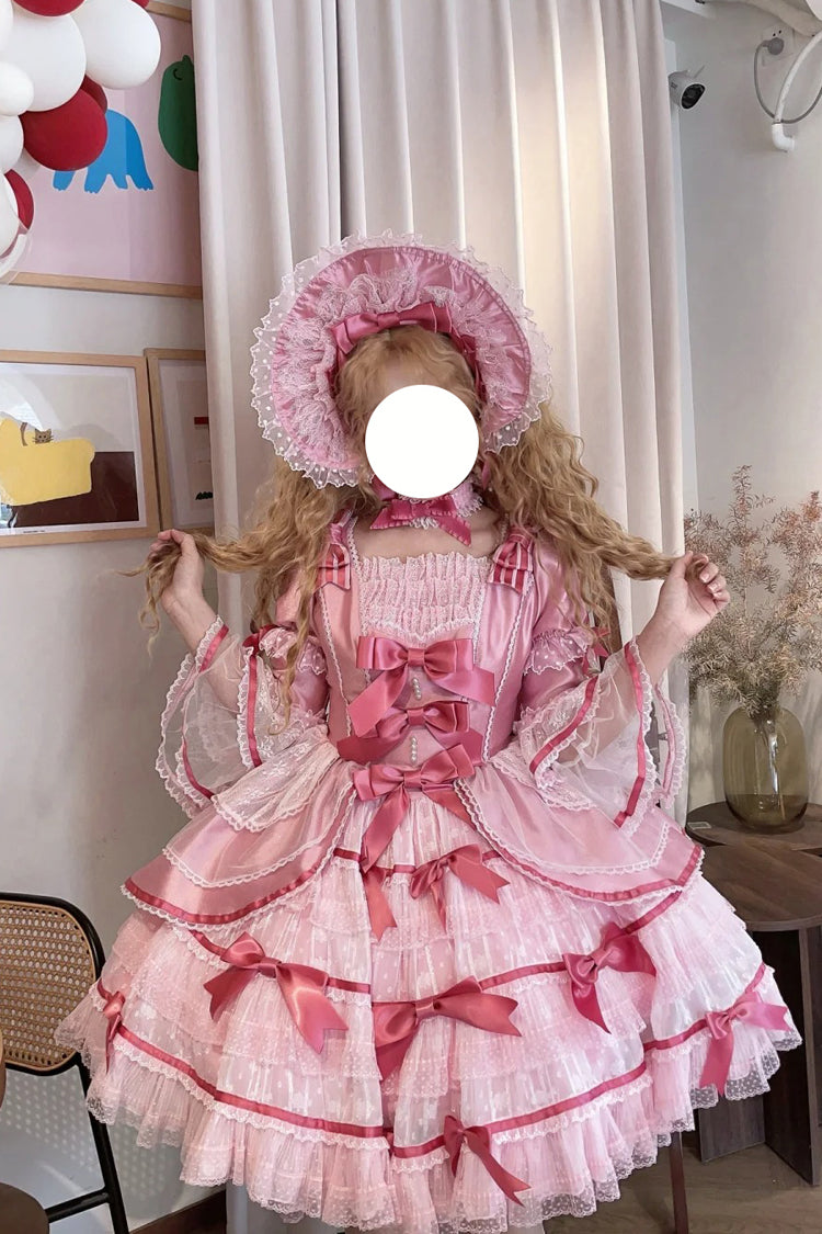 Rose Velvet Cake Long Trumpet Sleeves Multi Ruffle Bow Lace Sweet Lolita Dress