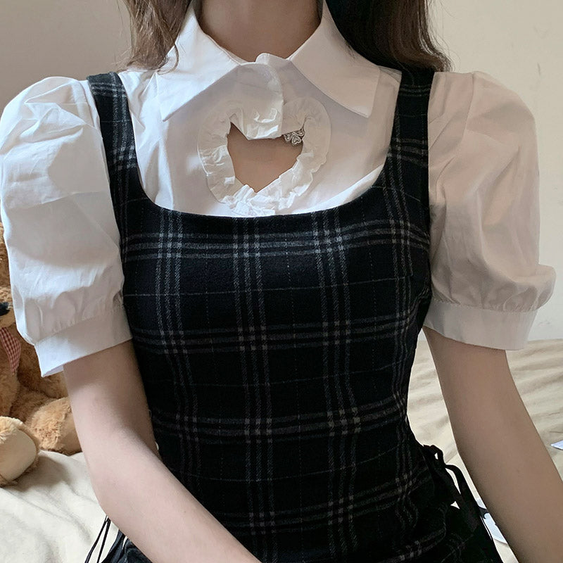 Love Heart Hollow Out T-Shirt Lace Up Plaid Dress Set