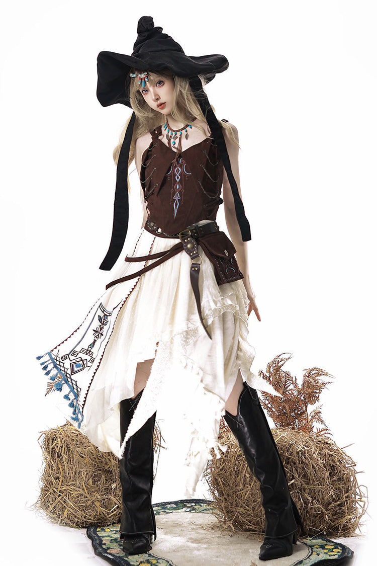 Brown White Dune Shadow Seeker Sleeveless Ruffle Embroidered Irregular Vintage Lolita Skirt Set