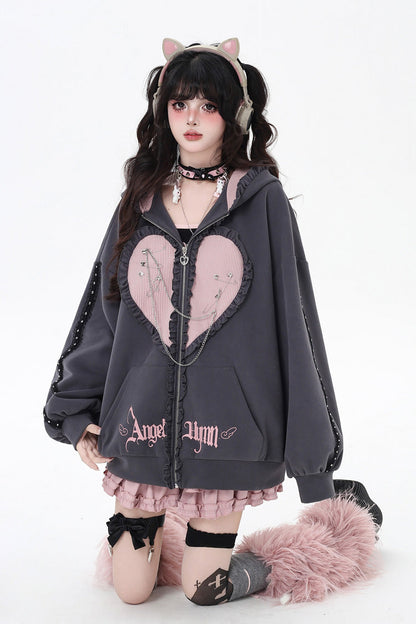 Striped Bunny Ear Hooded Heart Print Embroidery Coat Two Colors