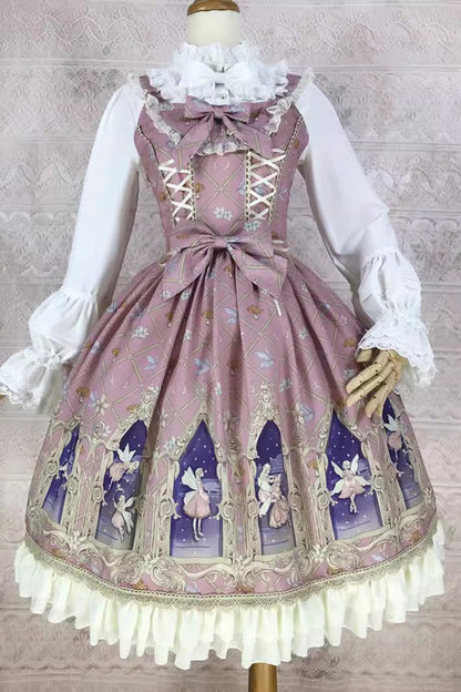 Dream Elf Print Ruffle Bowknot Jsk Dress - Sweet Lolita