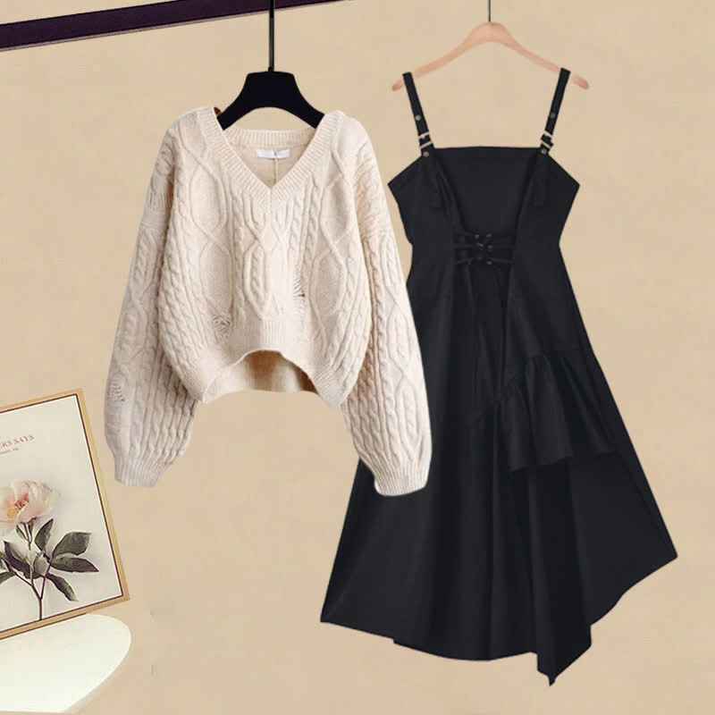 Cable Set Sweater Slip Irregular Up Knit Dress Lace