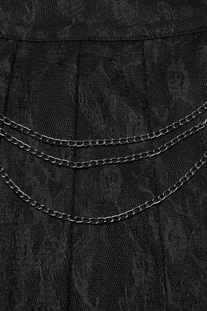 Chain-Adorned Pleated Punk Skirt with Lace Trim