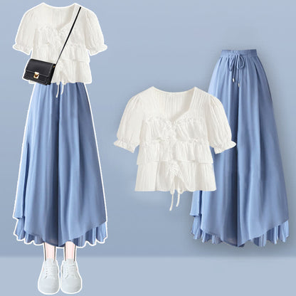 Split Pantskirt Sqaure Puff T-Shirt Collar