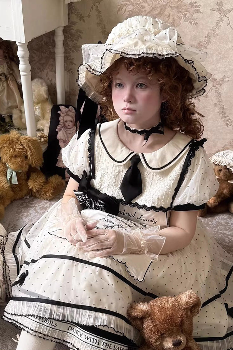 William Wordsworth's Lyric Poetry Doll-Collar Polka Dot Printed Lace Sweet Princess Lolita Dress in Beige