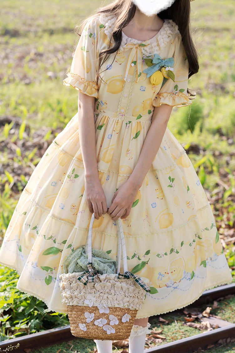 Lemon Chicken Short Sleeve Print Ruffle Bow Lace Daily Sweet Lolita Gown in Yellow