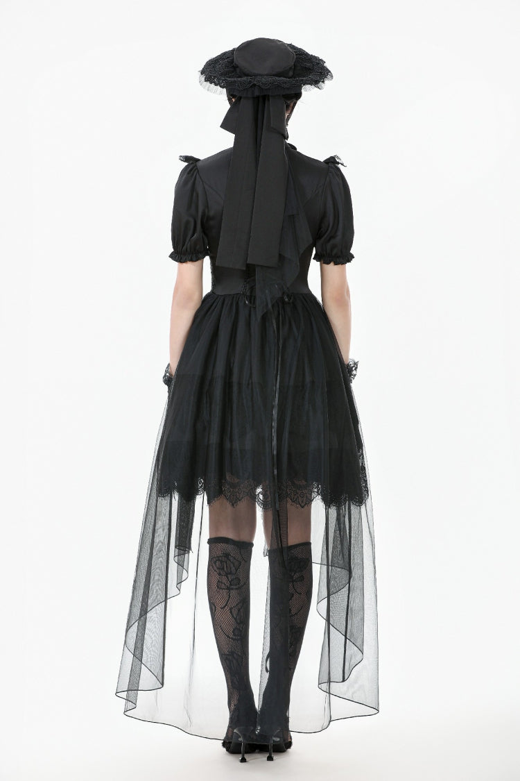 Inky Puff Sleeve High-Low Multi-Tiered Chiffon Gown - Gothic Wedding
