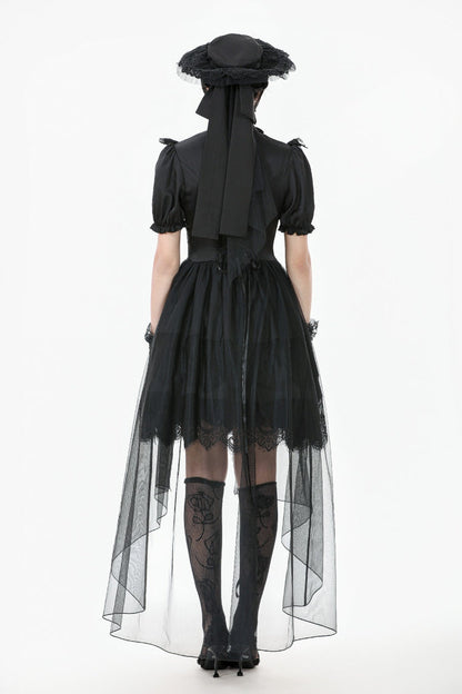Inky Puff Sleeve High-Low Multi-Tiered Chiffon Gown - Gothic Wedding