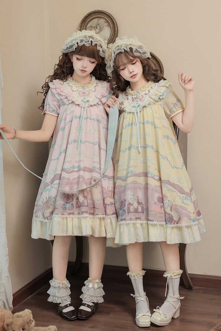 Sunny Short-Sleeve Bear Printed Ruffled Bow Dress Ensemble