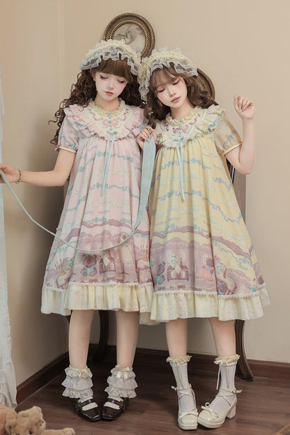 Sunny Short-Sleeve Bear Printed Ruffled Bow Dress Ensemble
