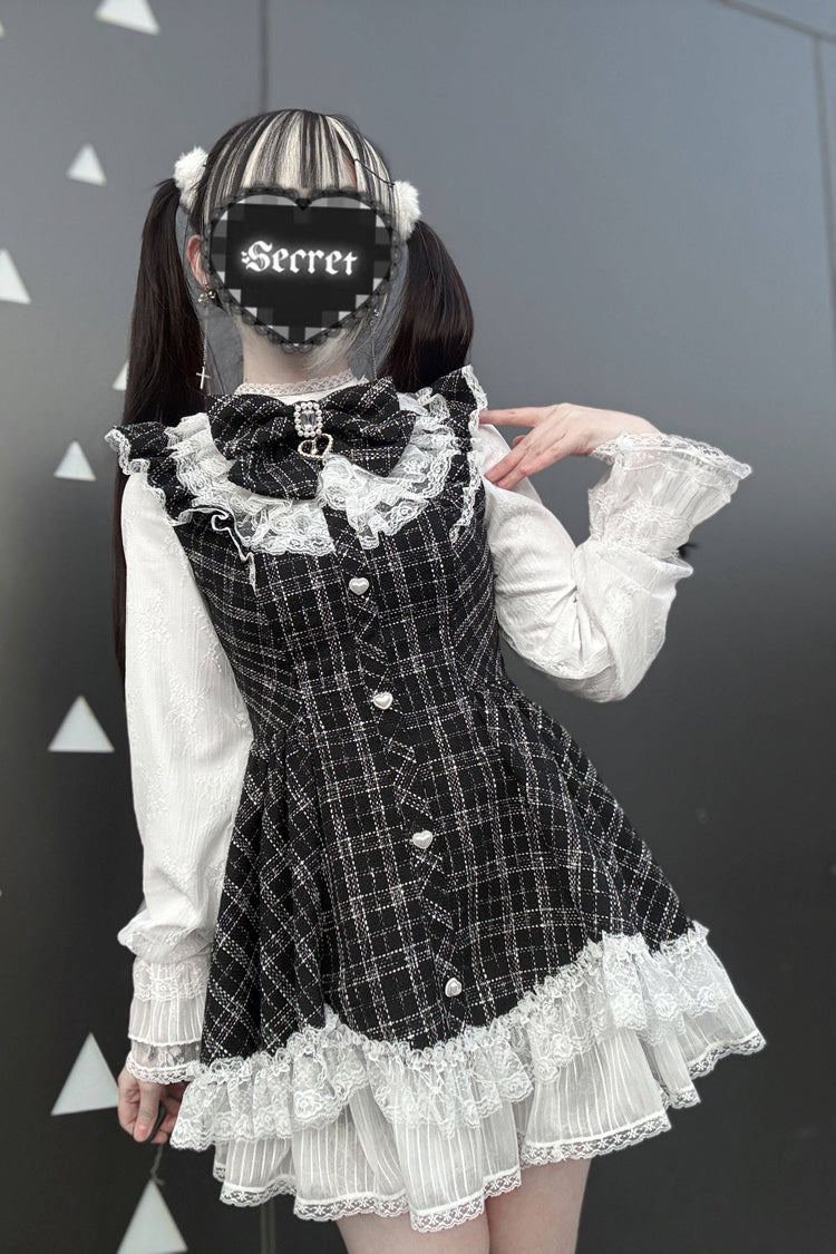Lunar Eclipse Doll Plaid Printed Ruffled Bow Lace Sweet Jirai Kei Japanese Dress Shorts Set