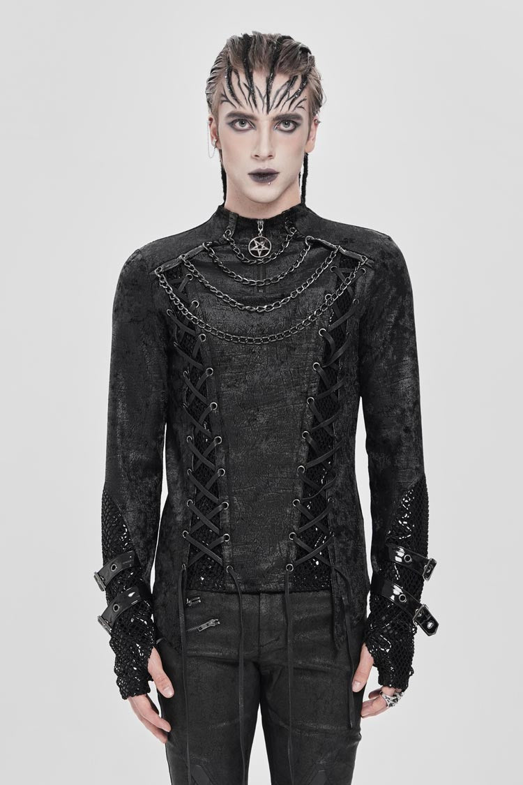 Men's Punk Blouse with Lace-Up Front and Chain Accents
