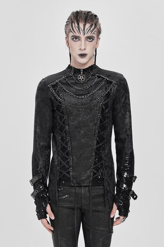 Men's Punk Blouse with Lace-Up Front and Chain Accents