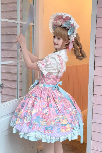 Pink Rainbow Buffy Bunny Sleeveless Double Layer Ribbon Doll Print Ruffle Bow Sweet Lolita JSK Set
