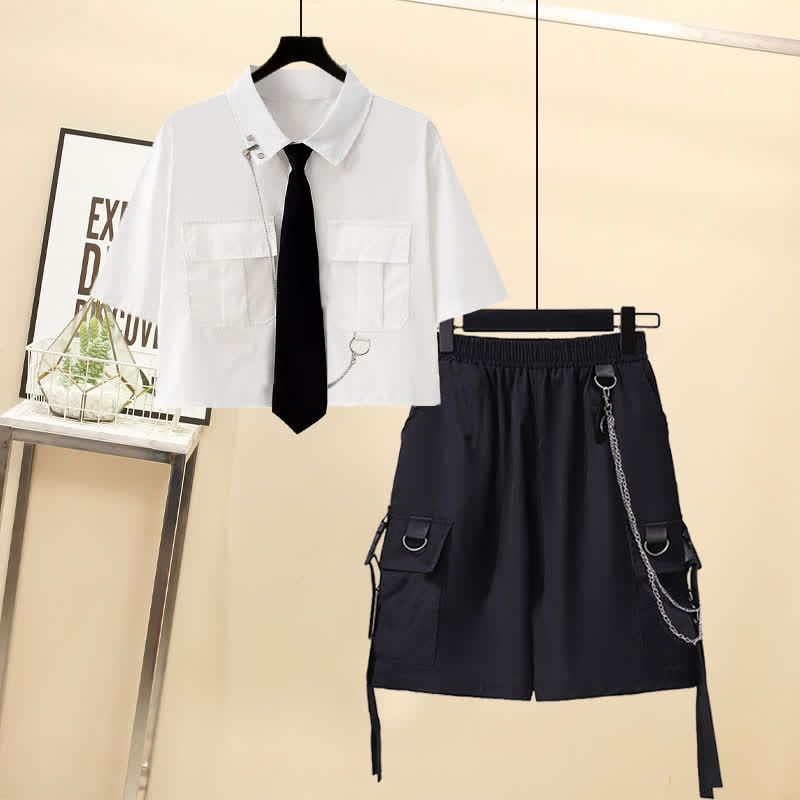 Chic Pocket Lapel Tie T-Shirt Casual Chain Cargo Shorts Pants