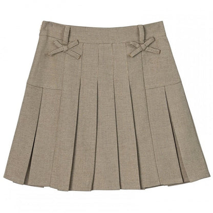 Khaki Bow Accents Plaid Pleated Skirt