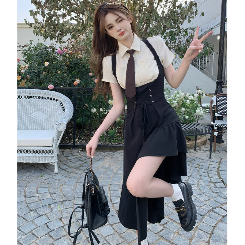 Chic Pocketed Tie Polo T-Shirt Irregular Lace Up Suspender Dress