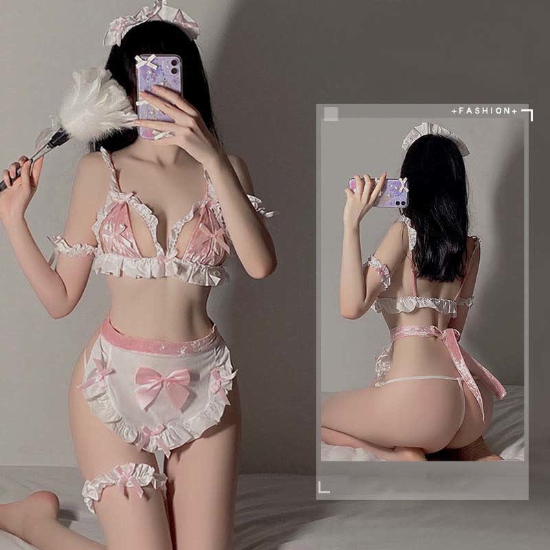 Lingerie bikini ajourée en dentelle avec nœud papillon Pink Maid