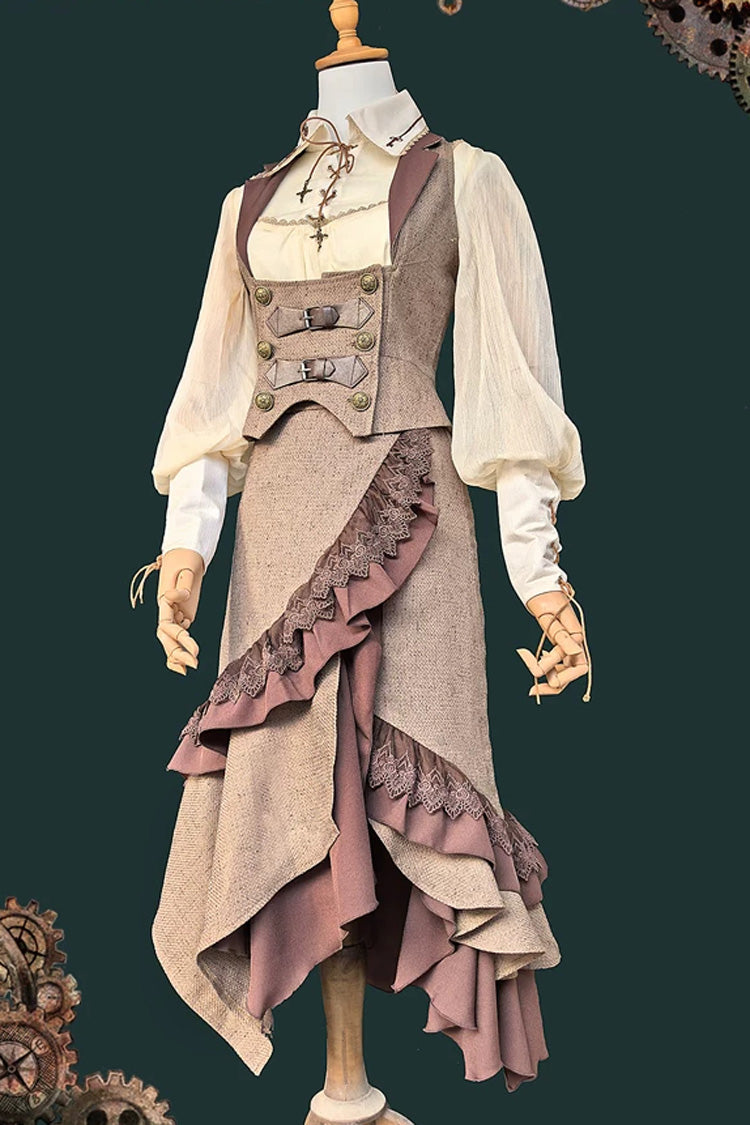 Coffee Brown Traveler Sleeveless Asymmetrical Ruffle Punk Lolita Skirt Set