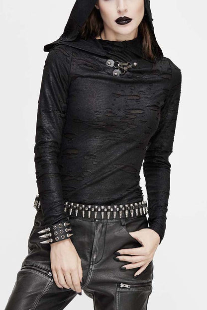 Women's Punk Shirt with Hooded Snakeskin Ripped Print Triangle Metal Studs