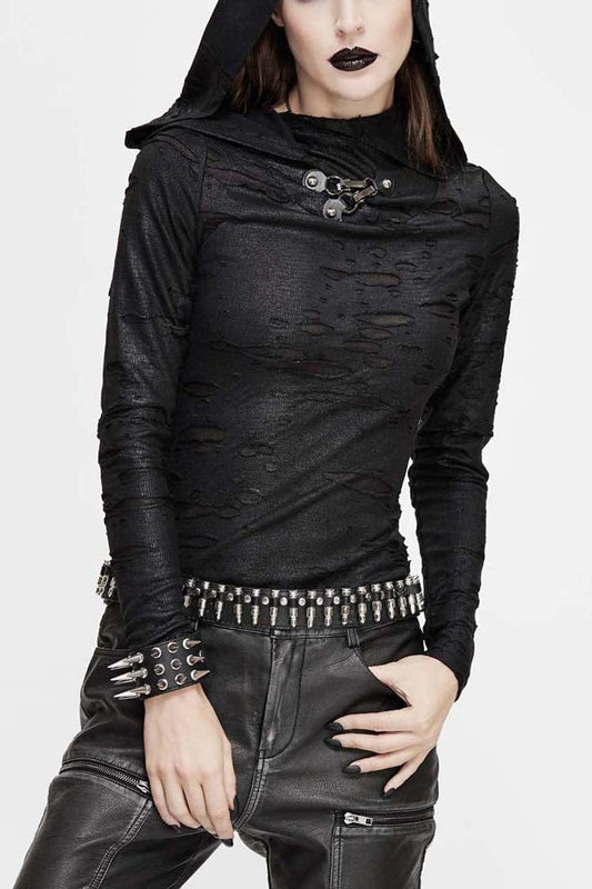 Women's Punk Shirt with Hooded Snakeskin Ripped Print Triangle Metal Studs