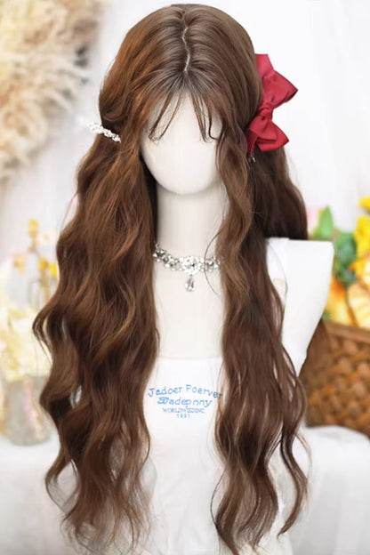Warm Brown Long Wavy Lolita Wig with Light Wispy Bangs