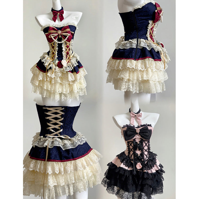 Haut corset en dentelle avec nœud papillon Lolita et short superposé