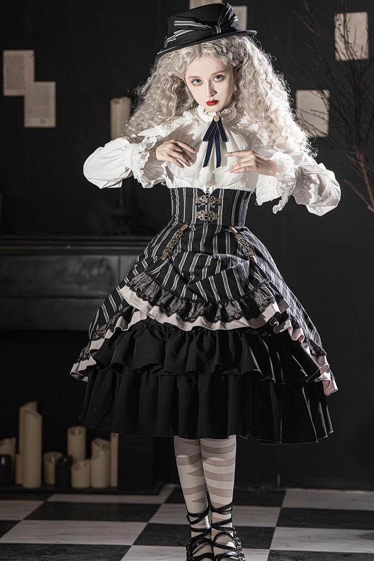 Black Manor Multi-layer Striped Ruffle Gothic Lolita Skirt