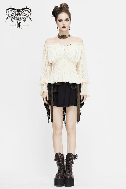 Ivory Off-Shoulder Long Sleeve Ruffled Lace Gothic Top