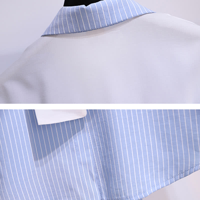 Chic Shorts Pocket Lapel T-Shirt Stripe Denim Ripped