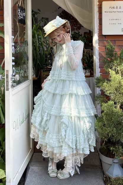 Sweet Stand Collar Long Sleeve Multi Layer Ruffle Color Block Lolita Tiered Dress 14 Colors