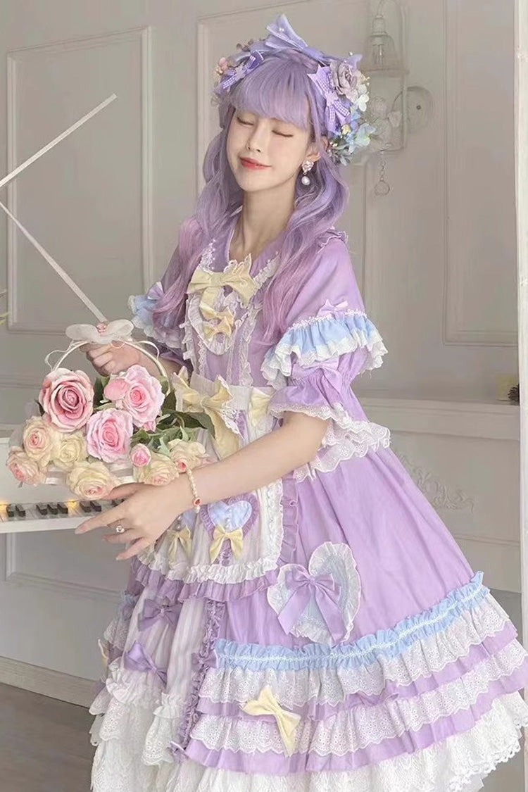 Purple Star Sugar Short-Sleeved Multi-Layer Ruffled Bow-Trim Sweet Lolita Dress