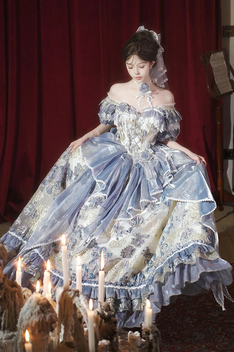 Off Shoulder Short Sleeve Printed Ruffled Embroidered Bow Lace-Up Sweet Princess Lolita Dress