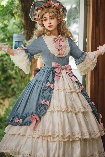 Lapel Short Trumpet Sleeve Ruffled Open Bow Lace Elegant Luxurious Lolita Dress