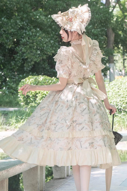 Daisy Cherry Embroidered Edwardian Lolita Dress with Short Sleeves