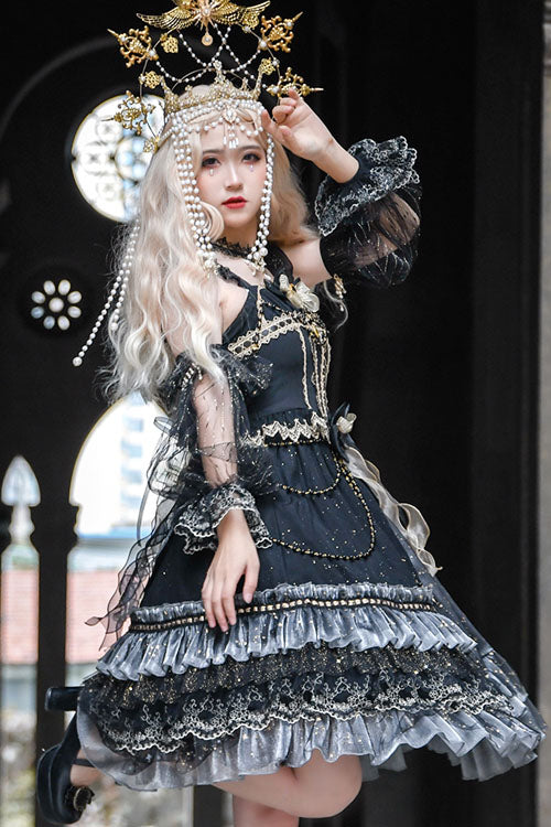 Gothic Lolita JSK Dress with Bowknot and Ruffled Cardigan