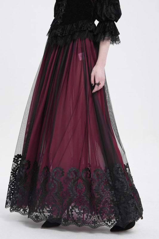 Crimson Stitched Floral Mesh Women's Goth Skirt