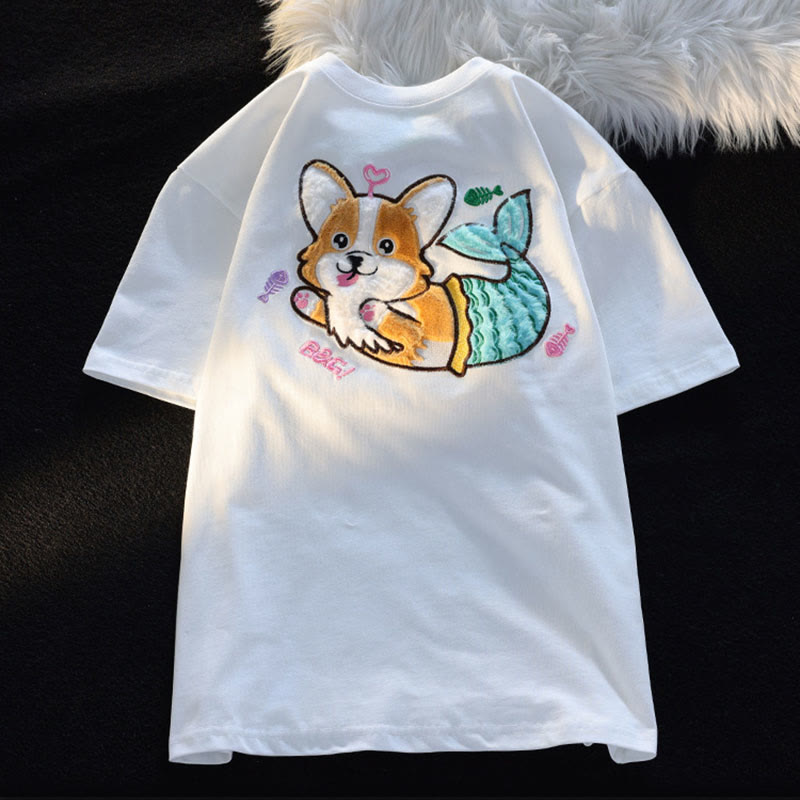 Cartoon Mermaid Puppy Plush Short Sleeve Casual T-shirt