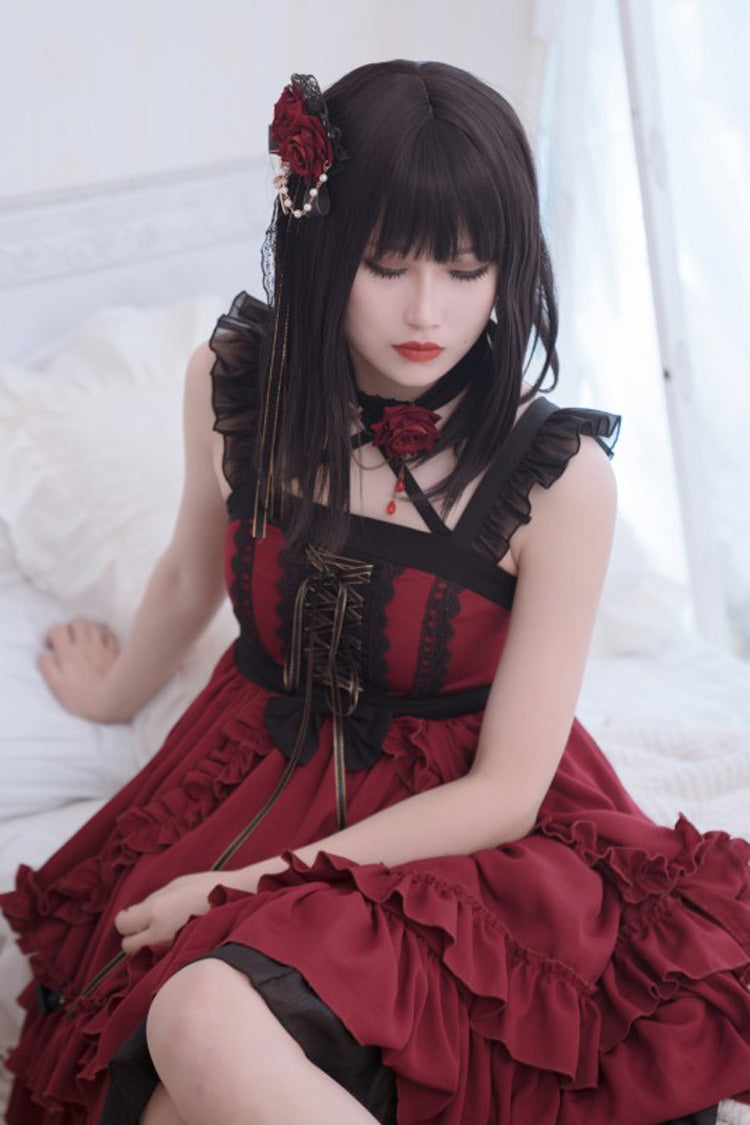 Red Gothic Lolita Double-Layered Ruffle Stitching Lace JSK Dress