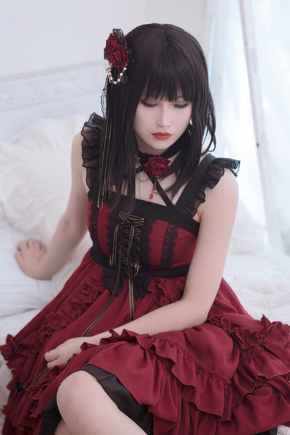 Red Gothic Lolita Double-Layered Ruffle Stitching Lace JSK Dress