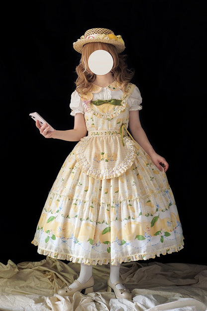 Lemon Chicken Print Ruffle Bow Lace Sweet Lolita JSK Long in Yellow