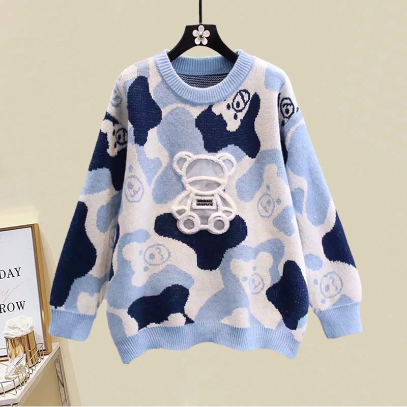 Sweater Bear Cartoon Print Set Split Skirt