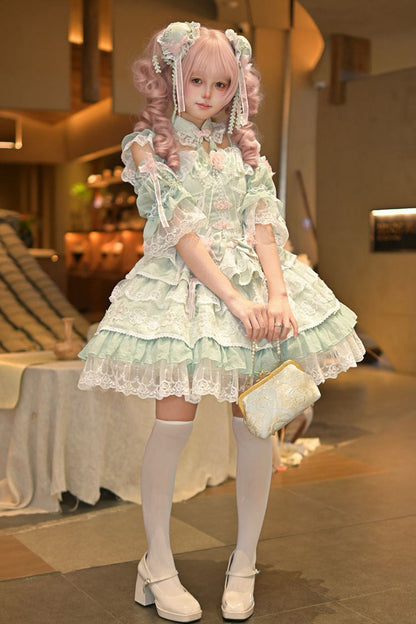 Emerald Rain of Peaches Sleeveless Bowknot Lace Chinese Lolita JSK