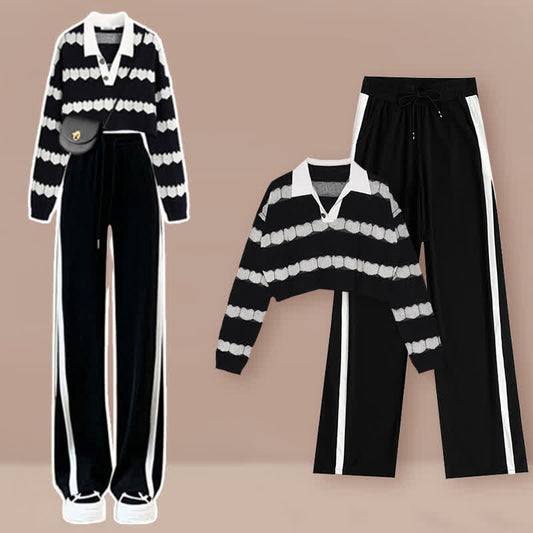 Black Heart Pattern Stripe Sweater Casual Pants Modakawa